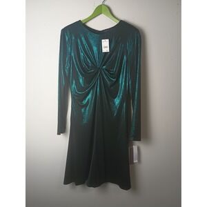 Zarr Collection Metallic Emerald Green Twist Front Long Sleeve Dress Size 10 NWT
